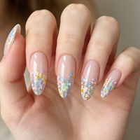 Faux Ongles à Presser Amande Pastel Floral Printemps 2026 – Vente en Gros Usine, Lot de 24 Pièces Réutilisables en ABS, Couverture Complète