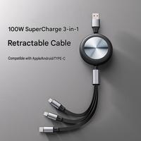 Cable de Datos Retráctil 3 en 1 de Carga Rápida, 100W PD USB/Tipo-C/Micro, 480Mbps, Material TPE, para Teléfono Móvil