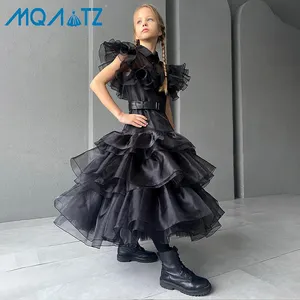 Alta Qualidade Crianças Quarta-feira Addams Costume Meninas Filme Cosplay Preto Ruffle Layered Prom Dress