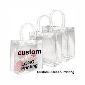 Custom logo Printing Fashion Reusable Small Big Pvc Plastic Super clear Wedding Birthday Party Festival Gift Bags with Handles