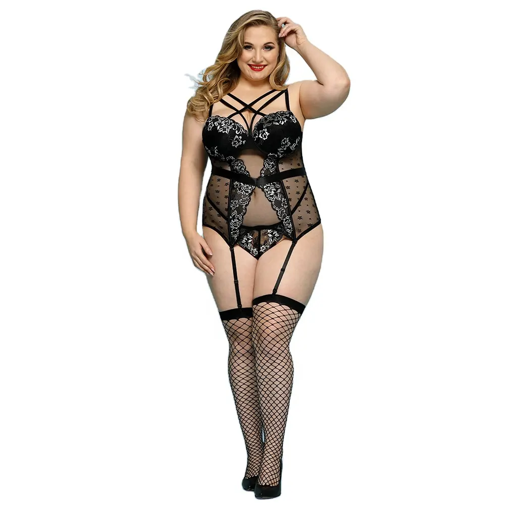 high quality plus size lingerie sexy fat women corset bustier top with garter stocking thongs