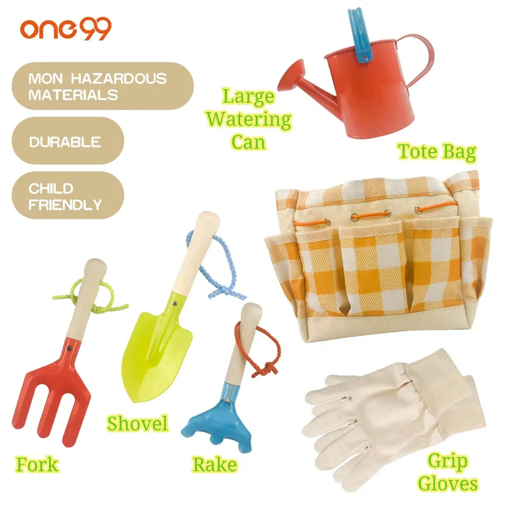 One99-conjunto de herramientas de jardinería de madera para niños, set de herramientas de jardín personalizadas, regalo, 4 piezas, bolsa de almacenamiento, pala, regadera, tenedor, rastrillo