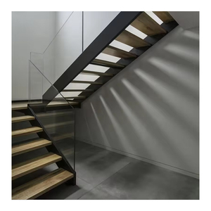 Biệt thự <span class=keywords><strong>2</strong></span> bên thép tấm ráp dây thẳng tầng hầm cầu thang U hình dạng cầu thang gỗ lan can gỗ sồi trắng cầu thang với ánh sáng LED - Product Image 3