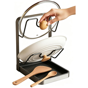 Support de couvercles de cuisine à 2 niveaux avec plateau d'égouttage amovible, organisateur de comptoir multifonctionnel pour couvercles de casseroles, planches à découper et ustensiles - Product Image 1