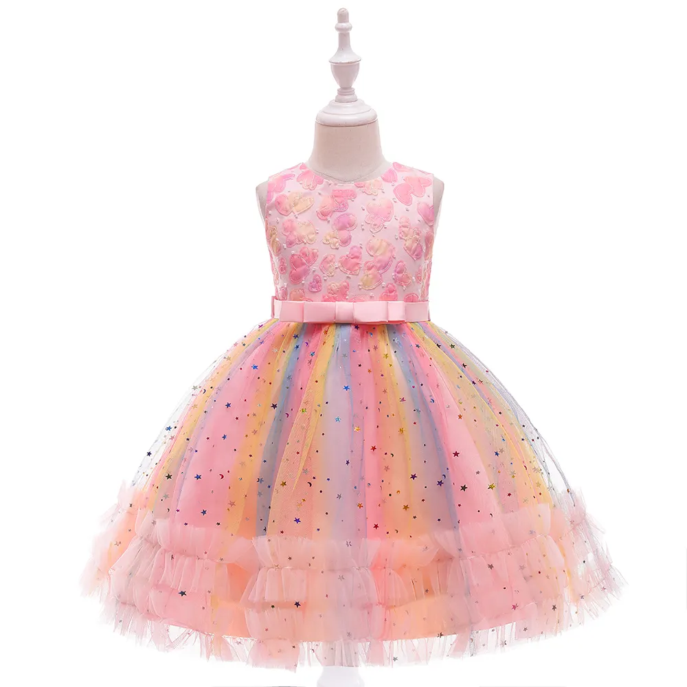 MQATZ Child Pink Pattern Girl Dresses Kids Graceful Prom Princess Dress Little Girls Sleeveless Frock