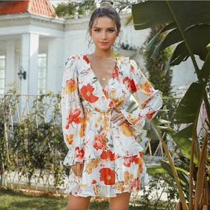 Hot Selling Women Casual Dress Summer Flower Printed Long Sleeve Doble Layer Ruffle floral print dresses