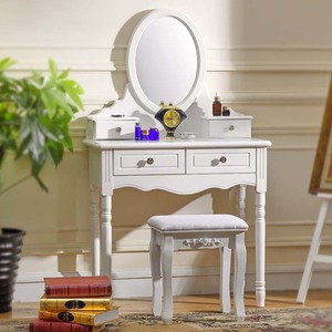 Modernes Schminktisch-Set im Französischen Stil in Weiß mit Dreifach-Spiegel und Hocker für die Wohnung, aus Holzwerkstoffplatte - Product Image 5