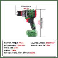 Perceuse à percussion sans fil à vitesse variable OEM 21V 70Nm 1500RPM avec moteur sans balais, batterie lithium-ion et éclairage de travail LED pour usage extérieur
