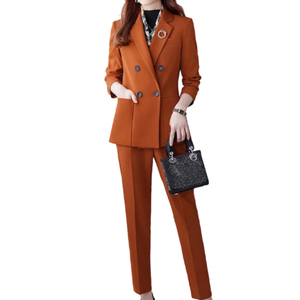 高级双排扣优雅Sehe时尚比苏大口袋运动夹克和长裤女式两件套 - Product Image 1