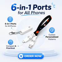 Chargeur multi-ports 6-en-1 USB Type-C Micro 8 broches avec porte-clés et dragonne, charge rapide PD 60W, logo personnalisé, cadeaux d'entreprise technologiques