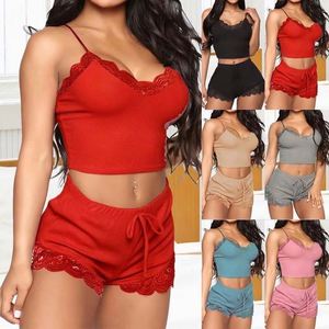 Ensembles décontractés pour jeunes femmes : caraco et short, lingerie sexy en jersey, sous-vêtements chauds, ensembles pyjama 2 pièces sexy (soutien-gorge et culotte), vêtements de nuit à rayures et dentelle - Product Image 2