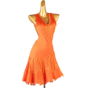 ステージパフォーマンスのためのカスタムカラーオレンジタッセルボールルームモダンダンスドレスを出荷する準備ができました