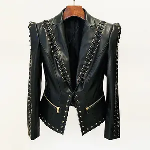 2024 New European Style Fashion Tie Rope Slim Fit Leather Coat Women's Suit jacket Ladies Outer Coat Motorcycle Jacket