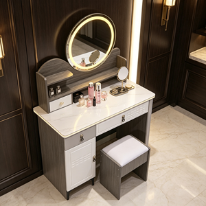 Modern Makeup Vanity <b>With</b> Lighted Round Mirror Storage <b>Drawers</b> And Cabinet Bedroom <b>Dressing</b> <b>Table</b> <b>With</b> Stool - Product Image 3