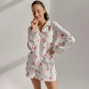 Модный товар, симпатичная пижама из крепа и 100% хлопка, женские шорты с длинным рукавом, Модный комплект