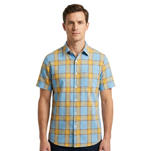 Chemise à carreaux vintage en coton et lin à manches courtes pour <span class=keywords><strong>homme</strong></span>, personnalisable avec logo OEM, de haute qualité, fabriquée par XUCHANG - Product Image 1