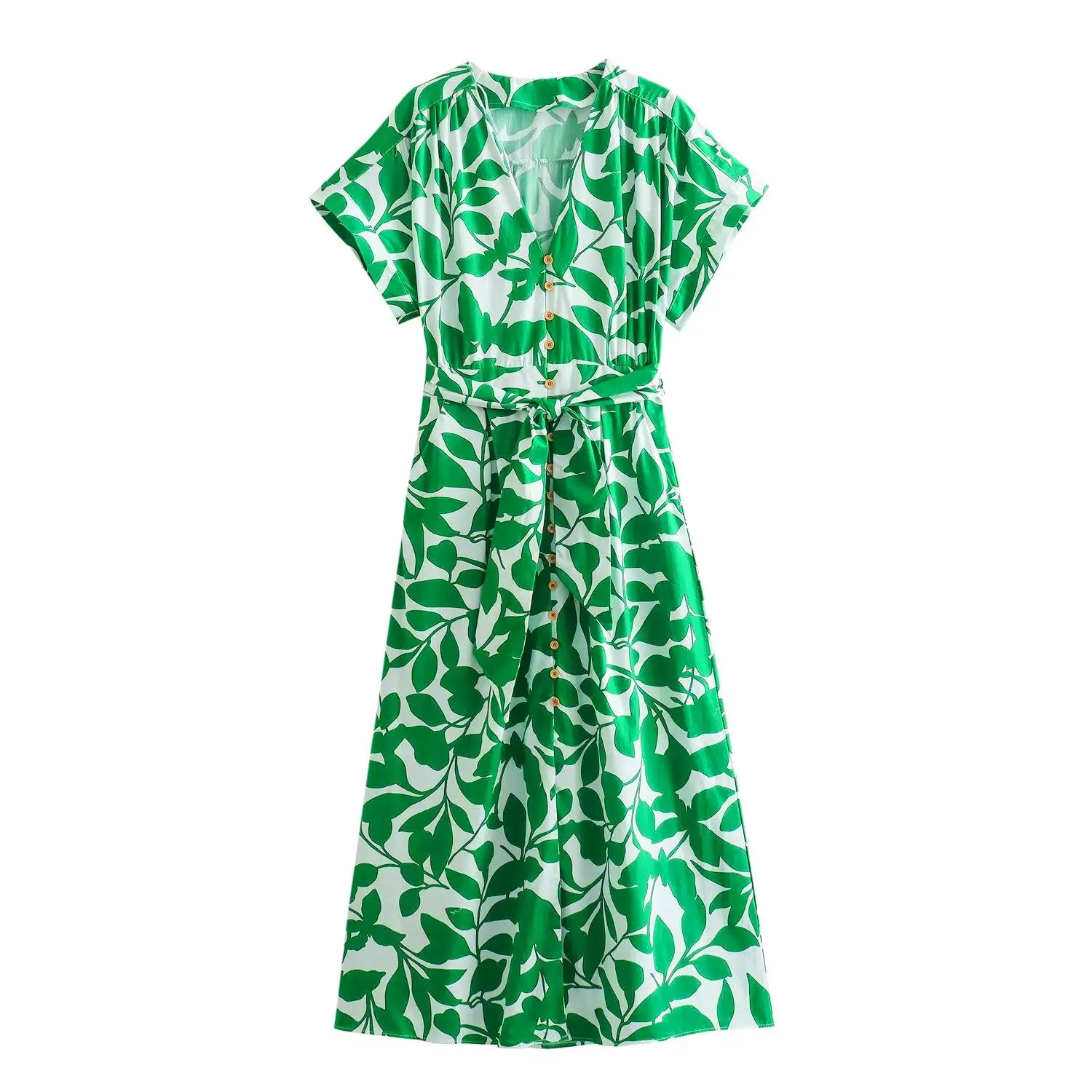 Dress panjang kasual wanita, Gaun panjang motif bunga warna hijau leher V lengan pendek