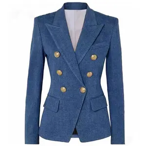 Mantel Jas Denim Wanita Biru, Jas Blazer Kasual Luaran Musim Gugur