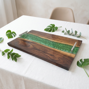 Plateau de service en bois et résine époxy de qualité supérieure avec poignée en acier, plateau de rangement en bois et résine écologique, plateaux de petit-déjeuner durables - Product Image 1