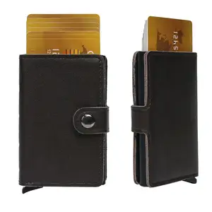 Custom Card Holder Sleeve Genuine Leather Id Card Wallet Minimalist Aluminum Pop Up Card Holder Wallet
