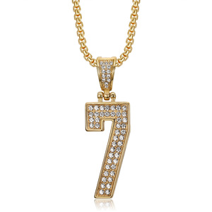 Vente en gros de bijoux hip-hop en diamant plaqué or 2024 18 carats pour homme, breloques en acier inoxydable, collier de sport personnalisé 10, pendentif numéro 7 - Product Image 3