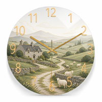 Horloge murale en verre British Pasture Cottage avec motif de moutons de colline pour décoration murale nordique de luxe léger
