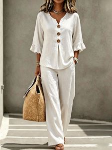 Wholesale Western Style Women 2 Piece Set V-neck Button Ruffle 3/4 Sleeve Top and <b>Pants</b> Set Private Label Tracksuit - Product Image 1