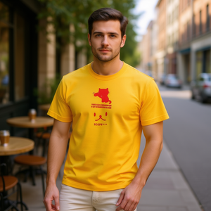 T-shirt Unisex a Maniche Corte Scopy con Stampa Gatto Giallo Dorato e Design Gatto che Fa il Segno - Abbigliamento Promozionale - Product Image 2