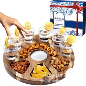 Plateau rond en bois pour verres à vin, plateau à collations pour fête, plateau à compartiments pour petits verres à vin, planche à découper pour pizza, plateau à collations et charcuterie - Product Image 2