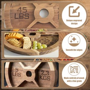 Wooden <b>Dumbbell</b> Shaped Tray 45 Lbs 25 Lbs 5 Lbs Standard Barbell Design Serving Tray For Snacks Desserts Fruit - Product Image 5