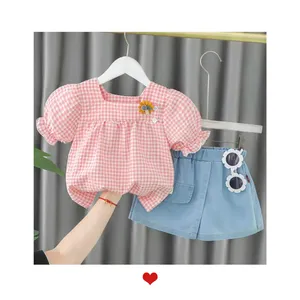 Fashion Baby Girls Plaid Blouses&shirts Jeans Shorts Sets Summer Kids Clothing Sets Children's Wear Checked Top Denim Skirt