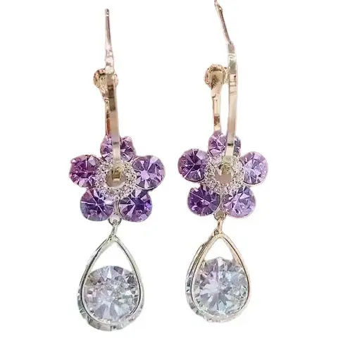 S925 Anting-Anting Bunga Kristal Ungu Jarum Perak Jimat Wanita Anting-Anting Gantung Berkilau Perhiasan Telinga