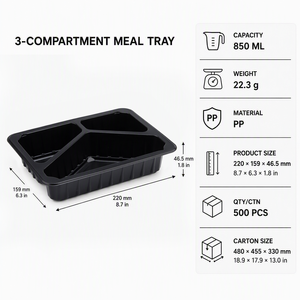 Barquette en plastique jetable noire en PP à 3 compartiments avec logo personnalisé pour viande, volaille et aliments surgelés en supermarché - Product Image 2