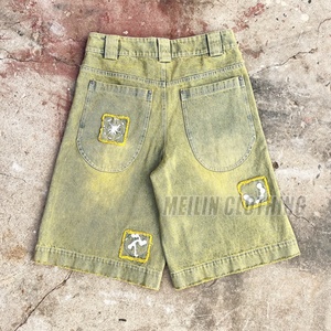 Distressing <b>Patch</b> Yellow Washed Denim Jorts Fit Baggy Jean <b>Shorts</b> With Pocket Custom Jean <b>Shorts</b> <b>Men</b> - Product Image 2