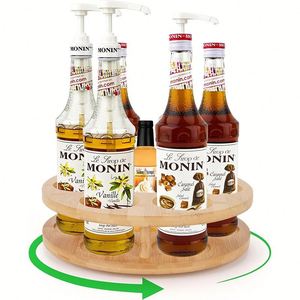 Rotating Double Tier Coffee Syrup Organizer Bamboo Countertop <b>Bottle</b> <b>Rack</b> for 7 Beverage <b>Bottles</b> Water & Wine - Product Image 1