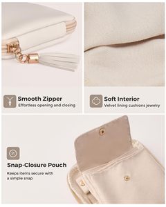 Beige PU Leather Jewelry Case Zipper Portable Storage Organizer Foldable Travel Necklace Ring Earring <b>Holder</b> - Product Image 3