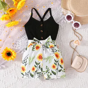 2024 summer children's clothing solid pit stripe tops+printing shorts boutique girl's two piece outfits kids clothes set