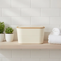 Boîte de rangement pour maquillage rectangulaire moderne en bambou à 2 niveaux empilable avec miroir et couvercle en bambou pour gagner de la place à la maison