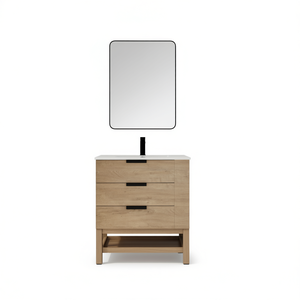 Mueble de Baño de 30 Pulgadas para Montar en la Pared con Espejo, Cajón de Cierre Suave, Diseño Moderno y Minimalista, Lavabo de Cerámica, Acabado en Madera Clara - Product Image 1