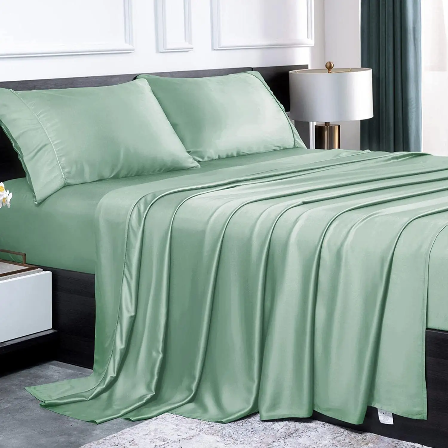 Oeko-tex100 Bamboo Sheet Set 200TC 300TC 400TC 100% Organic Lyocell Bamboo Sheets 4 Piece Bed Sheets Set Sage Green