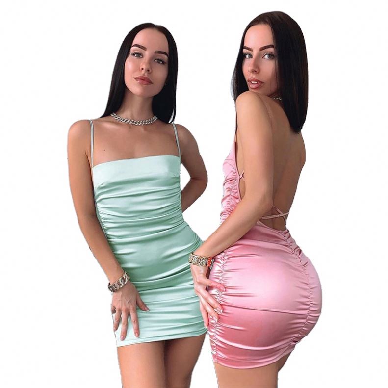 Женское атласное мини-платье на бретелях, соблазнительное облегающее вечернее платье с открытой спиной и перекрестной шнуровкой, плиссированное стрейчевое короткое Клубное платье, 8230695