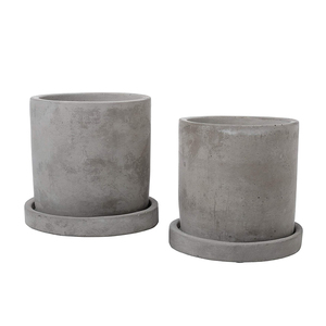 Rustic Cylinder <strong>Cement</strong> Planter Pot with Square Bamboo <strong>Tray</strong> - Product Image 4
