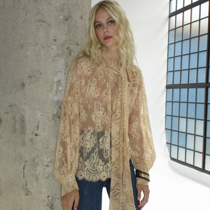 Sheer Lace <b>Tie</b> Neck Long Sleeve Top Solid Color Chiffon Women's Street Style Fashion T-Shirt - Product Image 3