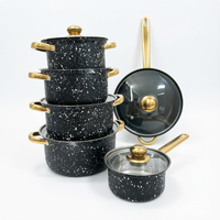 12pcs Set Peralatan Masak Rumah Tangga Baja Anti Karat Berlapis Batu Medis Hitam dengan Gagang Emas, Termasuk Wajan, Panci Susu, Panci Sup, dan Casserole