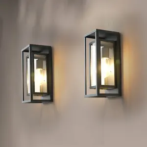 Classic Outdoor Rectangular Wall Sconce Double Layer Metal Frame Clear Glass Shade Porch Light For Street Home Patio Doorway