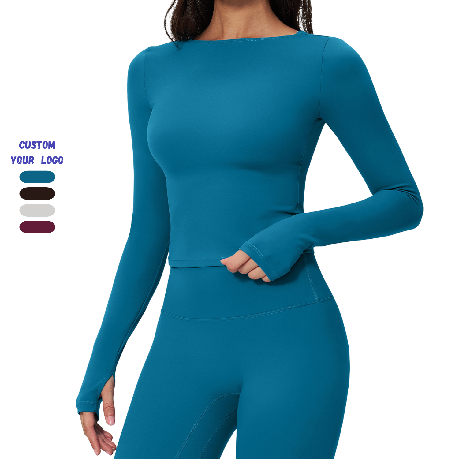 Women Athletic Long Sleeve Yoga Shirt Slim Fit Round Neck Thumb Hole Running Fitness Workout Activewear Top