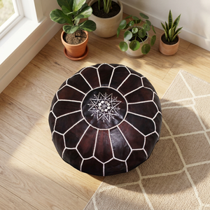 Pouf ottoman rond en cuir 100% marocain fait main, coussin de sol, design bohème, pour usage intérieur, siège de salon, cadeau de pendaison de crémaillère - Product Image 3