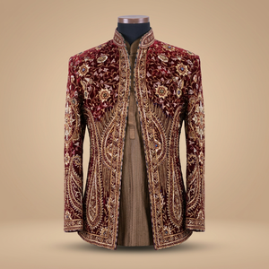 Heavy Zari Embroidery on Maroon Sherwani,kurta & <b>Pant</b> Dress with Men's Suits & Blazer >Men's Suits - Product Image 5