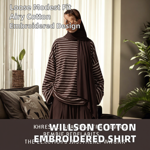 Willson Custom Cotton Embroidery Modest <b>Long</b> Sleeve Neck MAXI Summer Shirt Casual Colorblock Muslim Regular Fit Breathable - Product Image 2