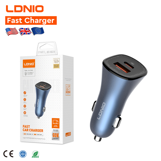 LDNIO C3 60W USB Quick Car Charger 6A Type C PD Dual Port Fast Charging Phone Car Socket Adapter Bulk Order Discounts Best Price